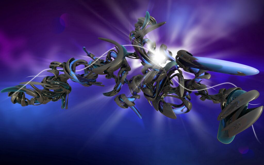 Abstract Metal Sculpture Wallpaper: Vibrant Twists & Deep Blue Background