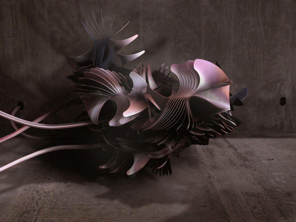 Abstract Metallic Figure 4K Wallpaper on Dark Textured Background