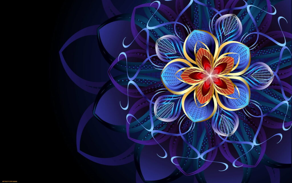 Symmetrical abstract flower wallpaper navy blue red gold elegant modern floral vector design