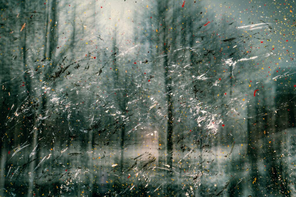 Abstract Paint Splash Wallpaper Over Blurred Wintry Forest Background
