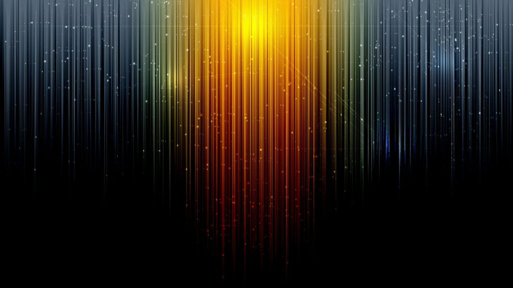 Futuristic abstract sunrise digital art with vibrant orange yellow vertical lines on dark background Wallpaper