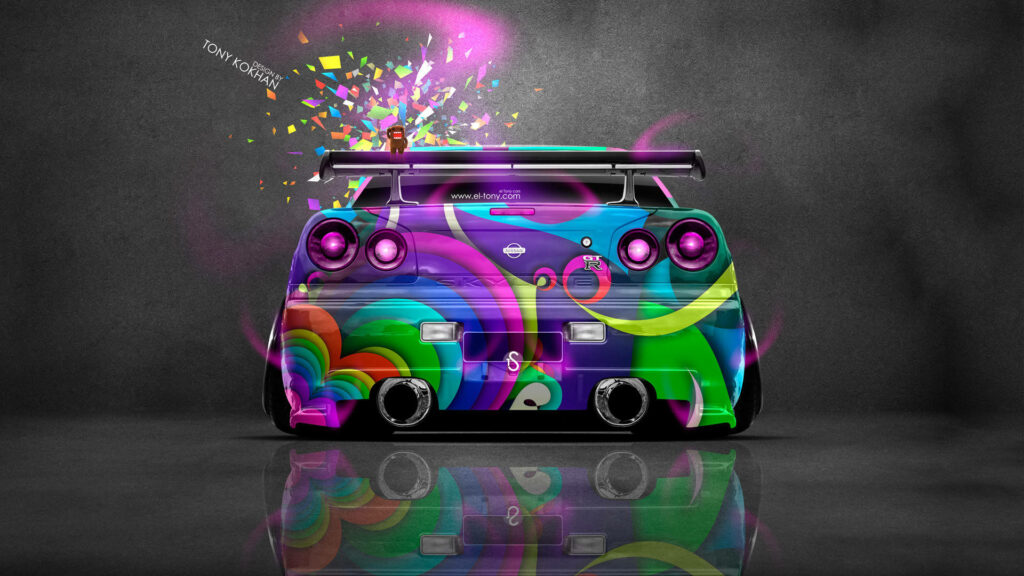 Vibrant Nissan Skyline GT-R Shines Amidst Playful Confetti Burst - Captivating Skyline Car Snapshot Wallpaper