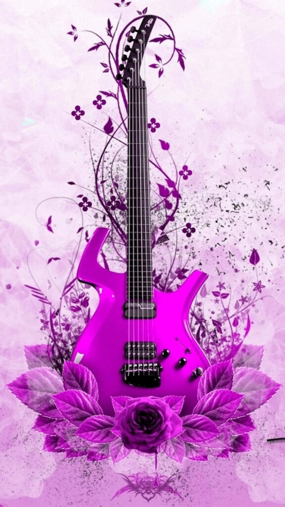 Vibrant Pink Guitar & Floral Designs: Captivating Wallpaper Background