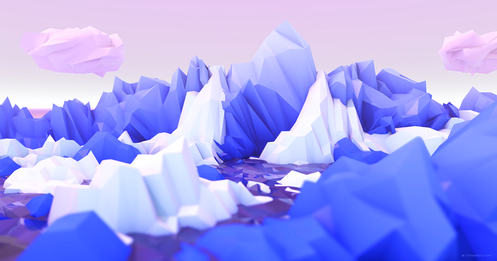 Polygonal Mountain Range Wallpaper in Blue, Lilac & Soft Pink Sky