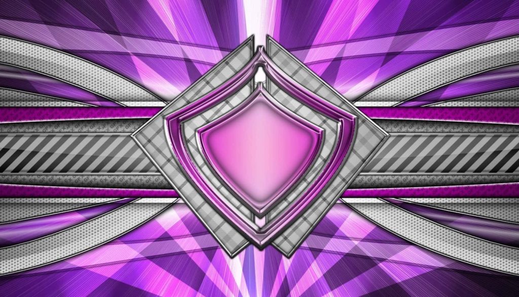 Abstract purple diamond wallpaper with pink silver shield emblem and metallic tech patterns
