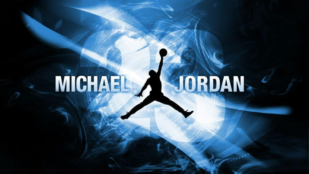 Radiant Blue Abstraction: Immortalizing Michael Jordan with Black Air Jordan Logo and Jersey Number Wallpaper