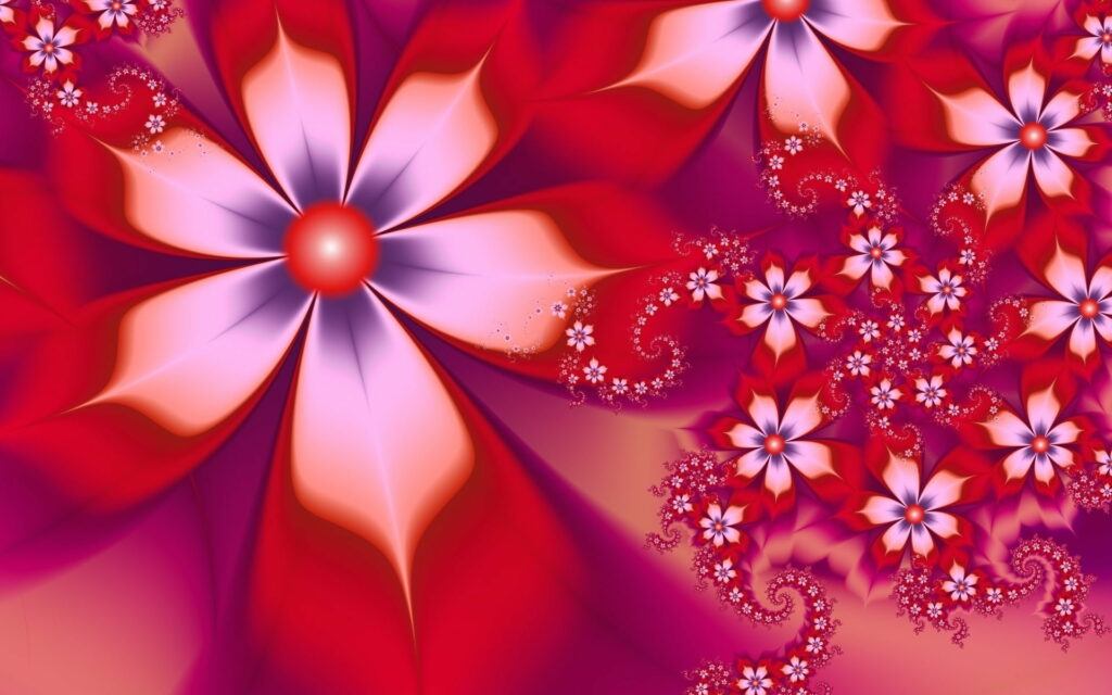 Vibrant red and white fractal flower spiral abstract art wallpaper with rich crimson tones background