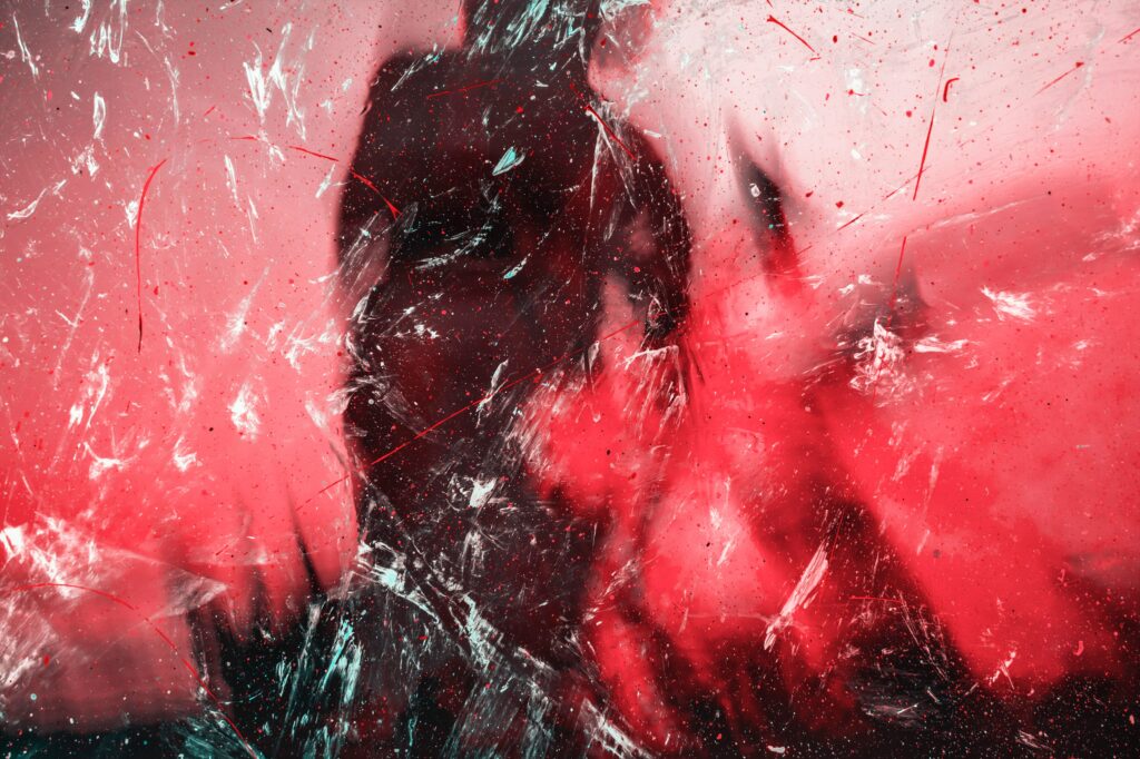 Dynamic Red Abstract Wallpaper: Paint Splatters & Glass Texture