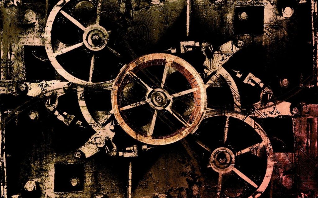 Abstract rusted gears wallpaper with copper highlights on dark textured industrial background