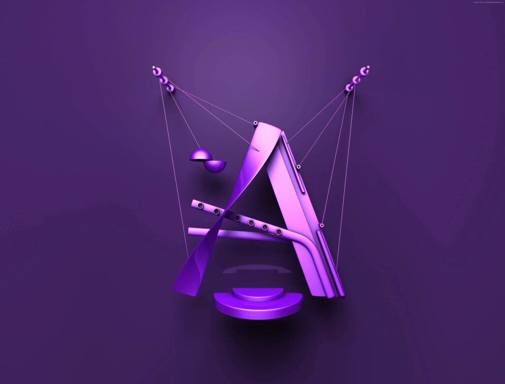 Abstract 3D purple geometric letter A wallpaper with floating spheres minimalist modern design