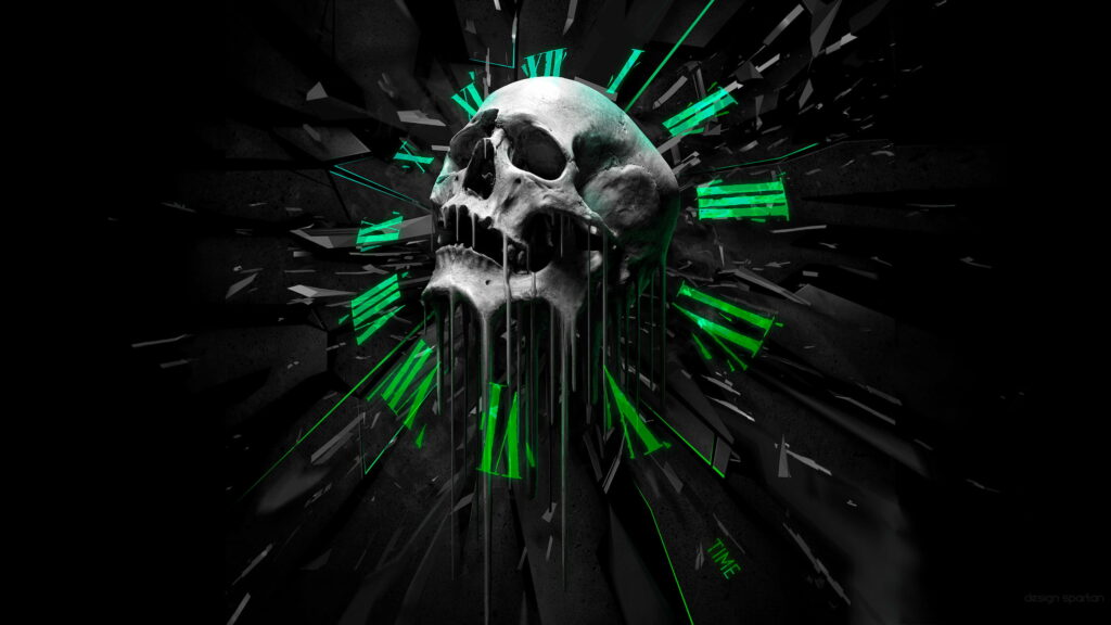 Dark digital art wallpaper with melting skull and glowing neon green Roman numerals on black background