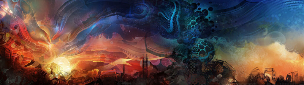 Infinity Skies: A Dual Monitor Abstract Wallpaper of Swirling Patterns and Unknown Objects