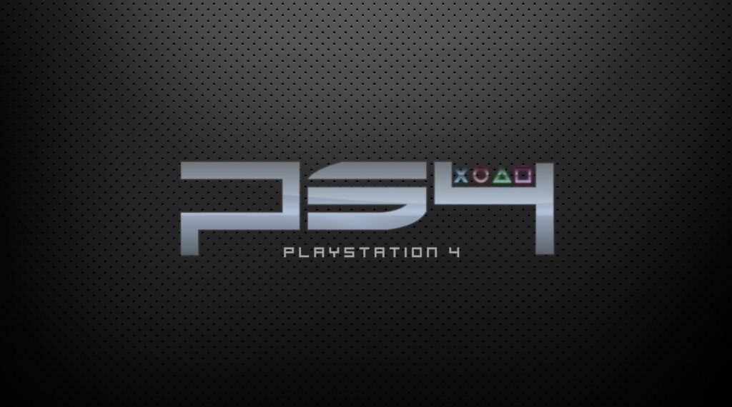 Metallic PlayStation 4 logo on dark perforated metal background with iconic controller symbols Wallpaper