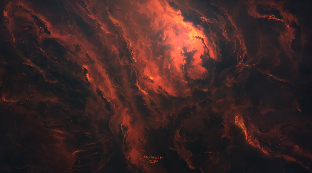 Abstract space art with molten orange and crimson cosmic clouds swirling in dark nebula background Wallpaper