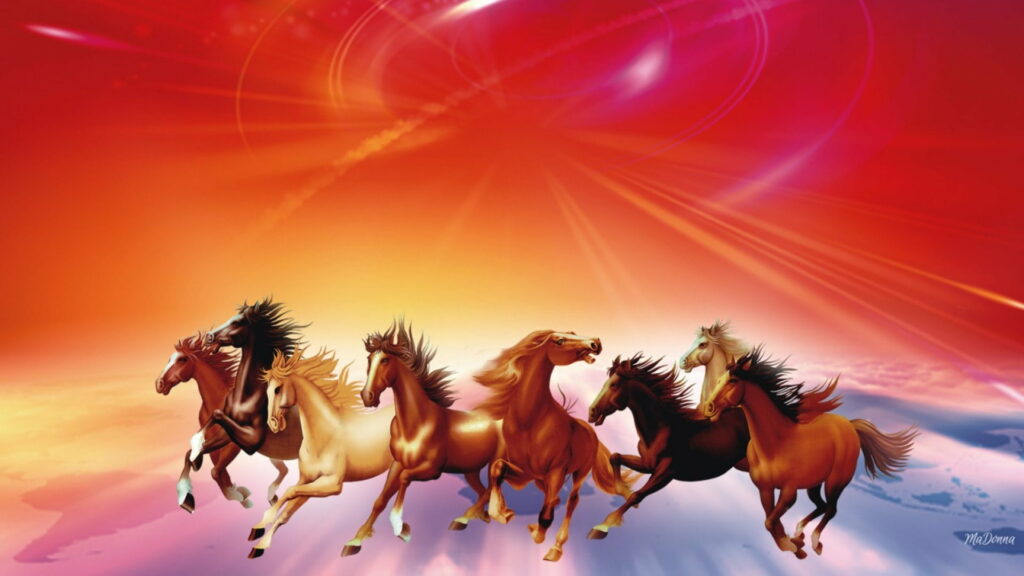 Majestic Gallop: Vivid Abstract Illustration of Seven Striking Equines in High-Definition Background Wallpaper