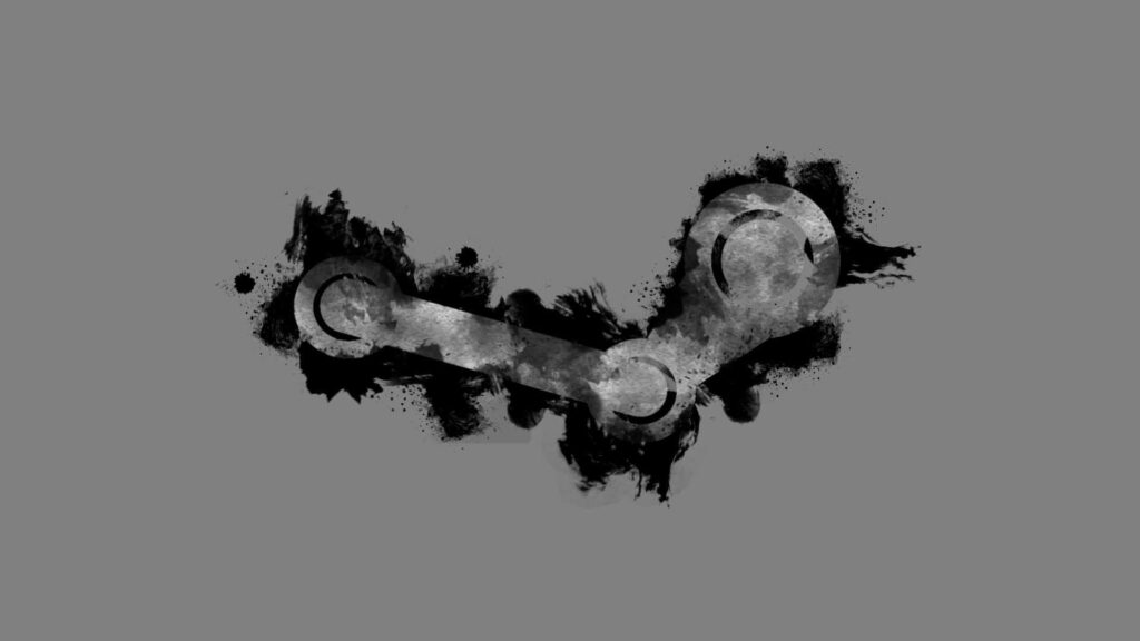 Abstract black and gray brushstroke Steam platform logo on plain gray creative wallpaper background