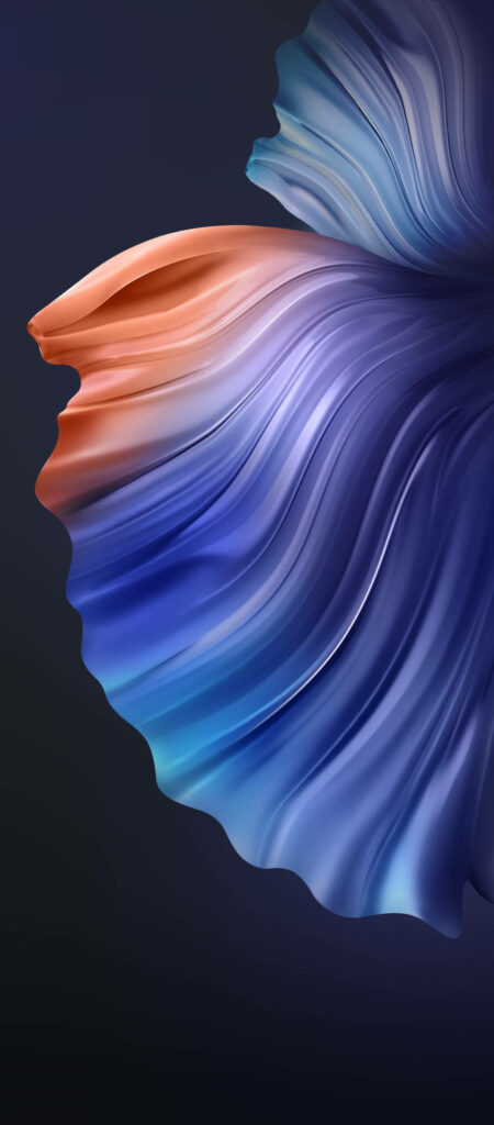 Abstract digital art wallpaper with flowing waves in deep blue violet and soft peach tones