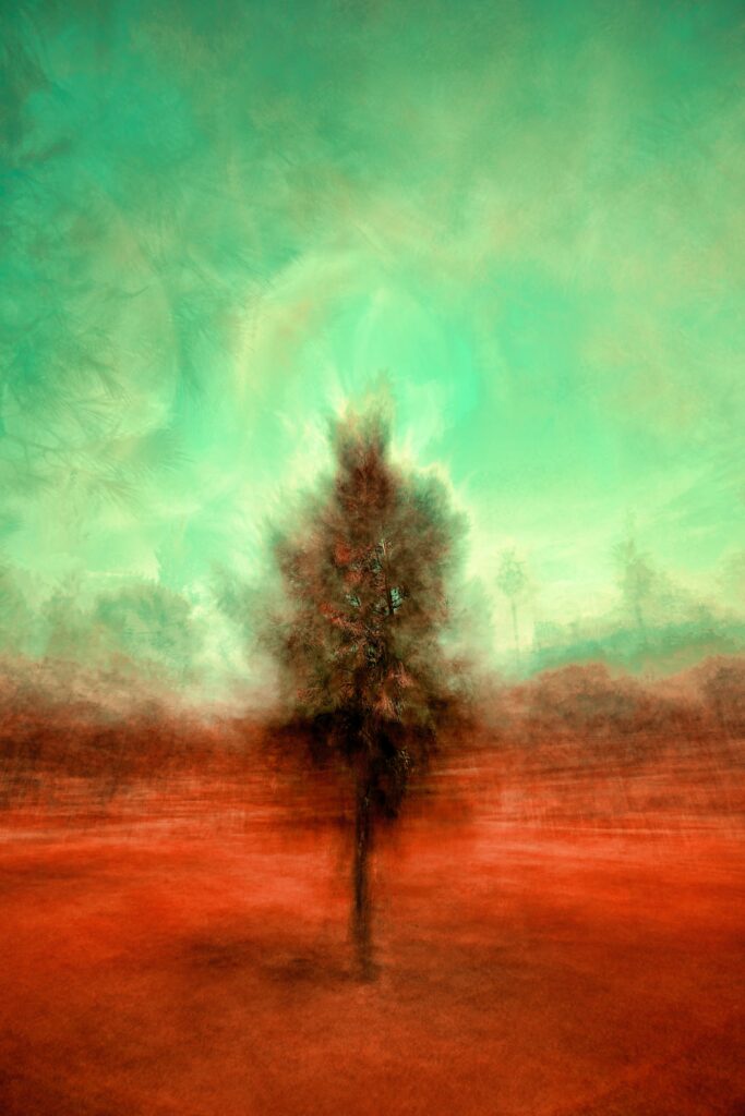 Misty Abstract Tree Wallpaper: Vibrant Colors & Dreamy Background