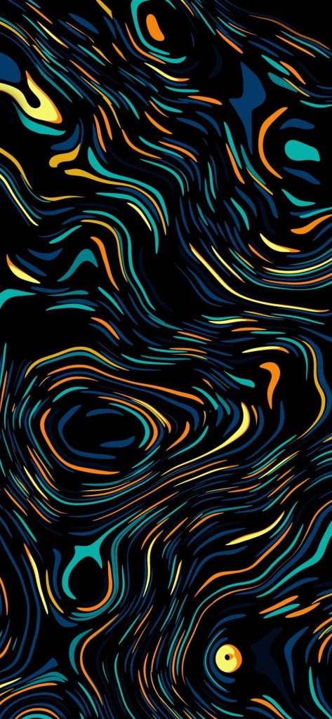 Abstract iPhone wallpaper with vibrant turquoise yellow and orange swirling lines on black background