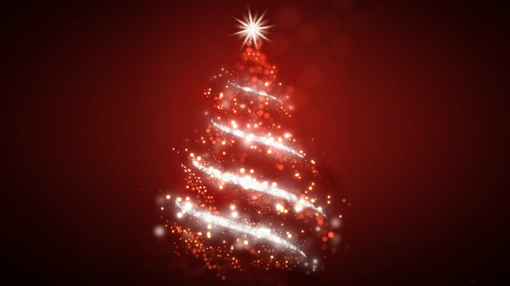Festive Fir: Vibrant Vector Art of a Majestic Christmas Tree on a Stunning 4K Red Abstract Background Wallpaper