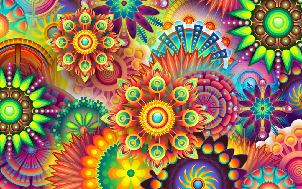 Vibrant digital wallpaper with kaleidoscopic abstract vector flowers in rainbow colors and mandala details