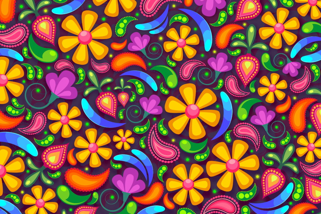Vibrant digital wallpaper with yellow daisies colorful paisley and swirling petals on purple background