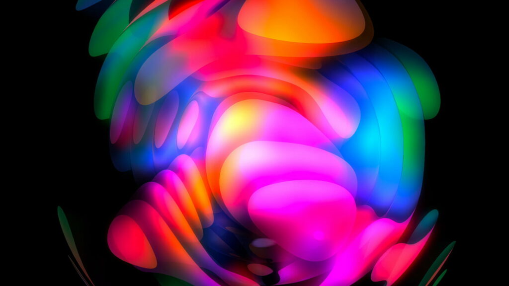 Vibrant abstract WatchOS 8 wallpaper with neon pink blue orange shapes on black background