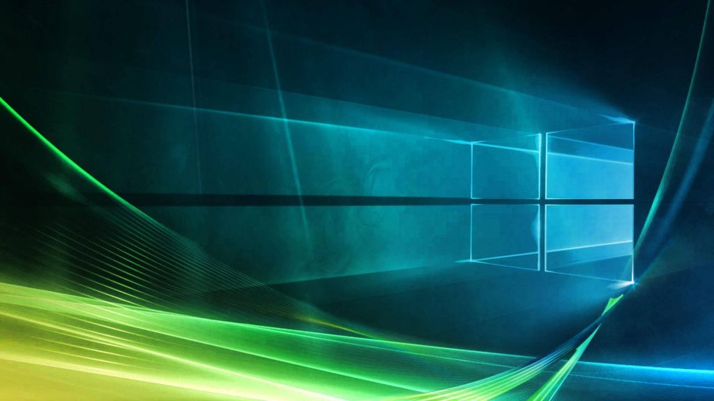 Abstract digital wallpaper with vibrant cyan and green fluid waves and Windows logo design
