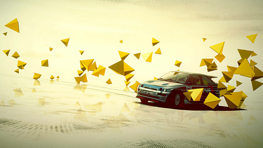 Iconic 90s Rally Beast: Ford Escort RS Cosworth Unleashed in Vibrant Geometric Playground Wallpaper