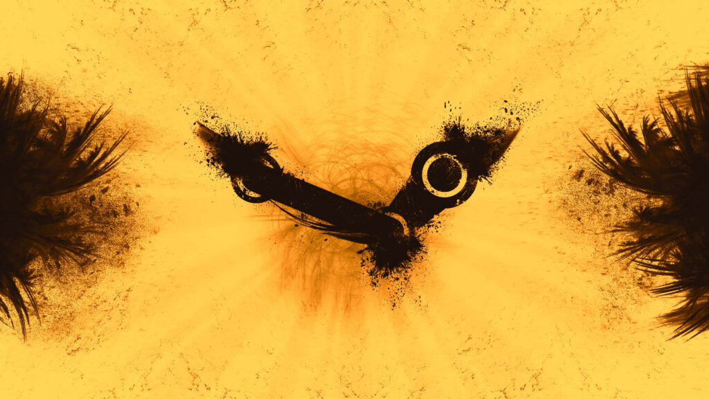 Abstract yellow wallpaper with dynamic ink splash forming vibrant Steam logo butterfly design