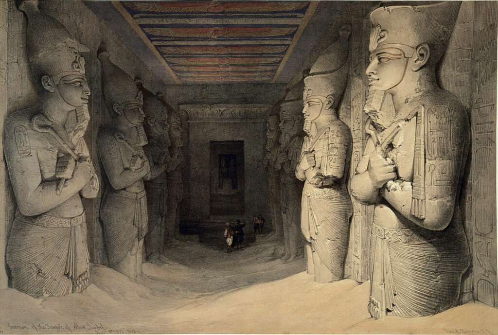 Digital art of Abu Simbel interior with towering statues and detailed hieroglyphics wallpaper