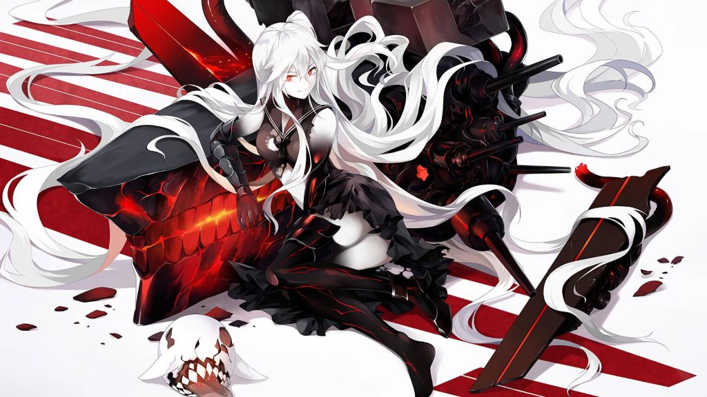 Abyssal ship girl from Kantai Collection with white hair and red eyes on glowing rigging wallpaper