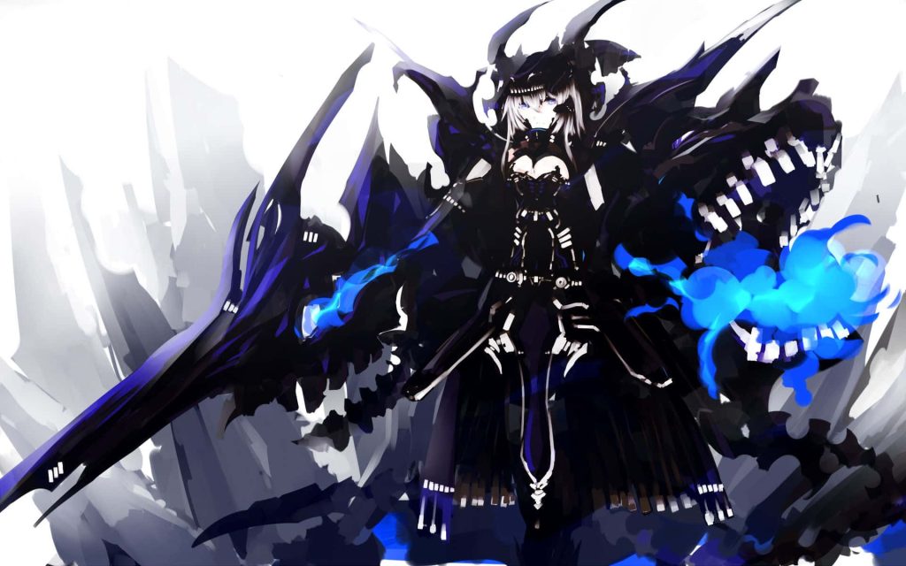 Badass Abyssal ship girl Kantai Collection anime wallpaper with jagged dark armor and blue flames