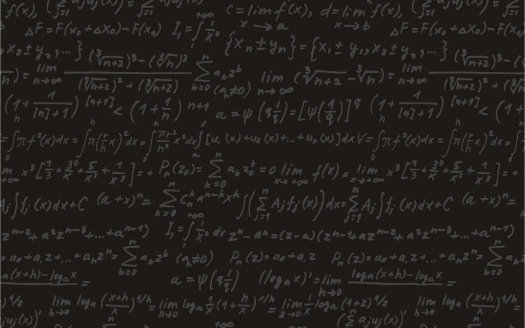 Dark chalkboard wallpaper with dense white calculus formulas and complex math equations design