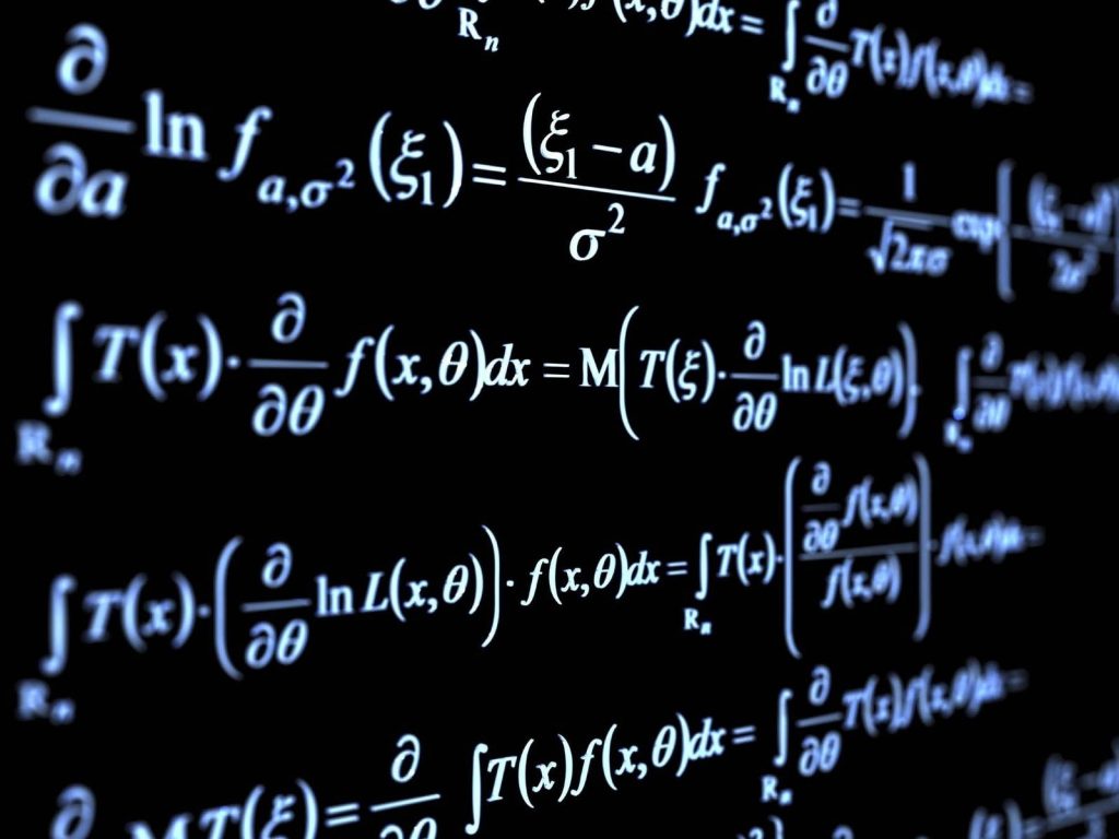High contrast wallpaper with glowing calculus and statistics equations on black background