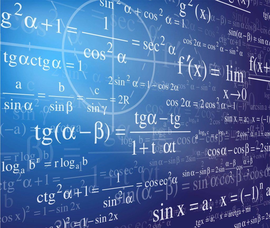 Academic mathematics wallpaper with white calculus and algebra equations on blue gradient