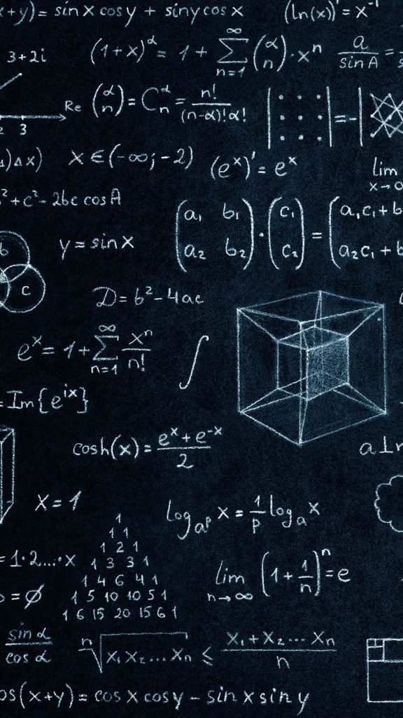 Mathematics and physics chalkboard wallpaper with calculus limits Pascal triangle matrix algebra and tesseract
