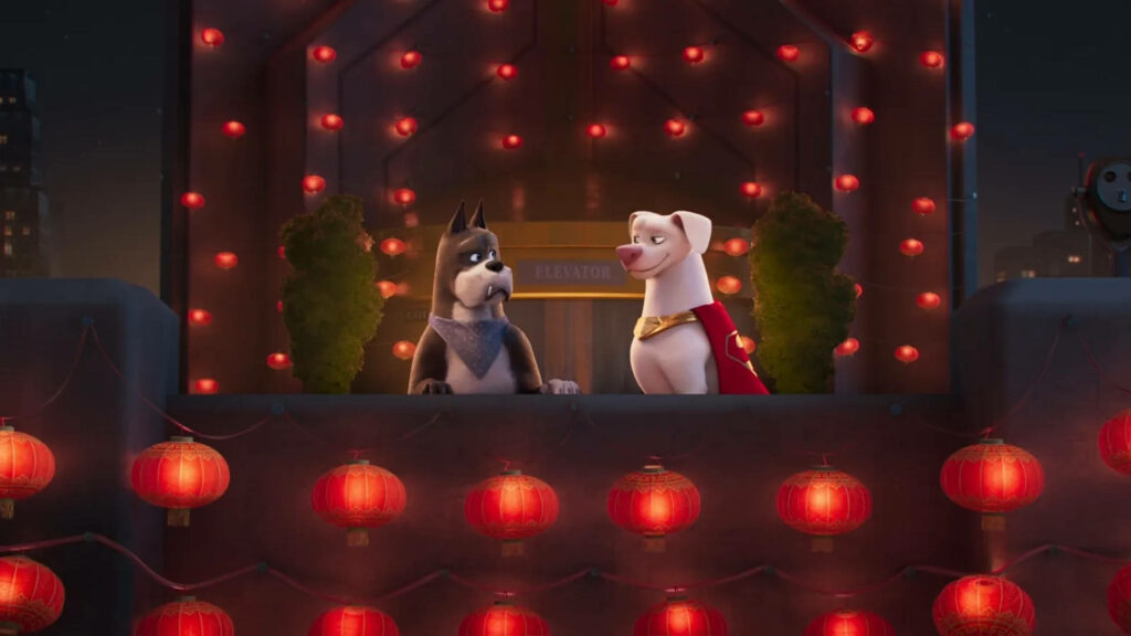Ace and Krypto from DC League of Super Pets on rooftop with glowing red lanterns at night Wallpaper