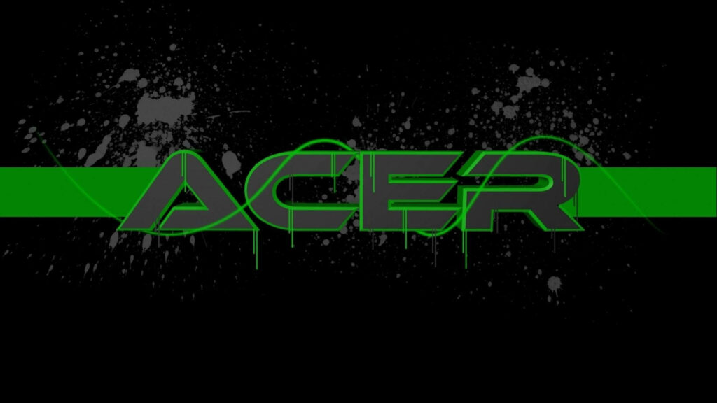 Acer logo in vibrant green with bold paint splatters on dark dynamic modern wallpaper background