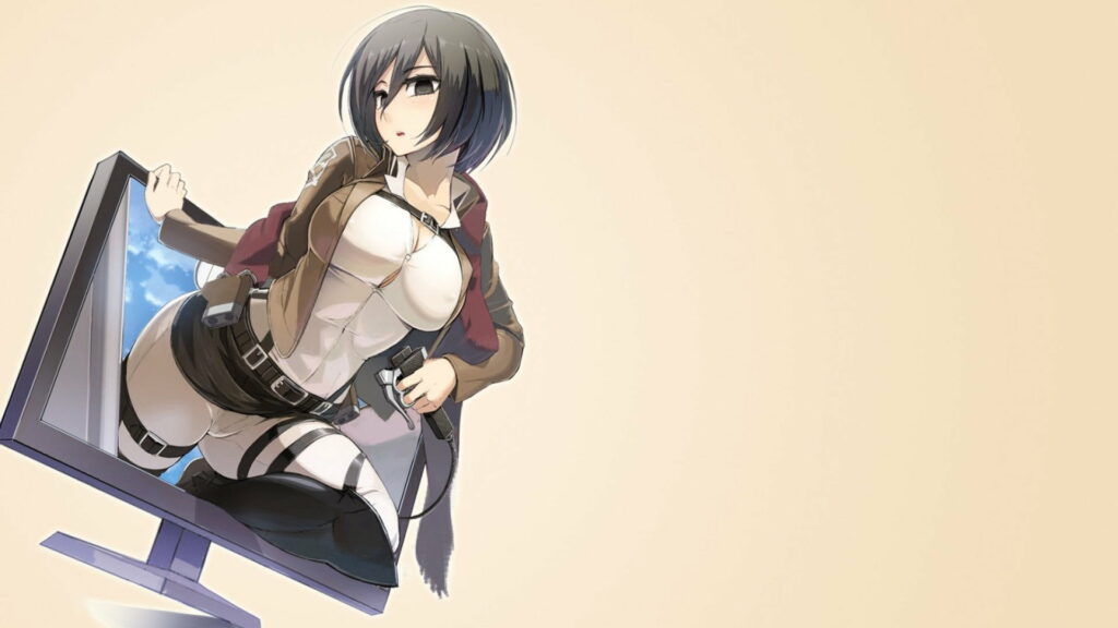Mikasa Ackerman Attack on Titan wallpaper climbing out of computer monitor in Scout uniform