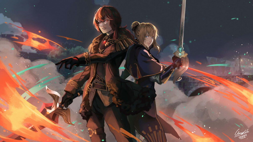 Dynamic Character Wallpaper: Flames, Action, and Intricate Armor