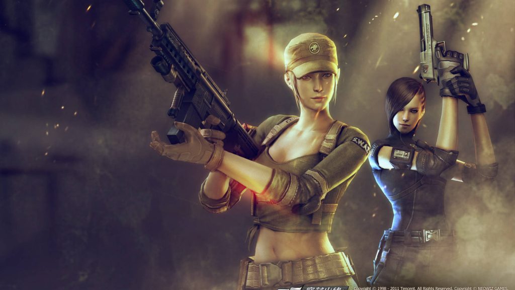 Action-packed Crossfire wallpaper with two female tactical operatives in smoky battlefield