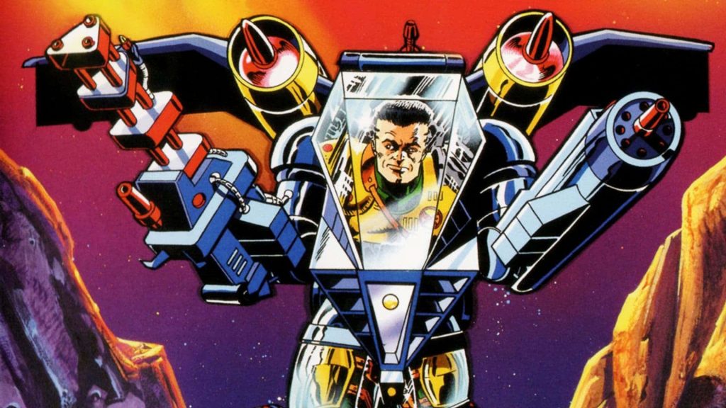Action-packed Exosquad JT Marsh in E-Frame mecha with fiery alien landscape 90s sci-fi wallpaper