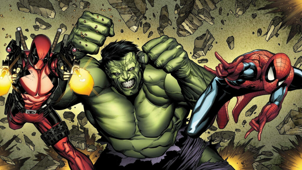Action-Packed Wallpaper: Deadpool, Hulk & Spider-Man in Battle