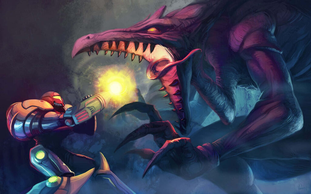 Stunning Samus Aran Wallpaper: Epic Metroid Dread Standoff