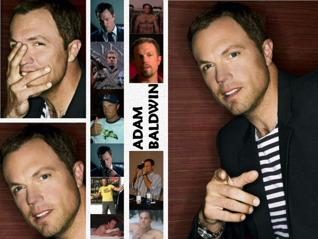 Adam Baldwin collage wallpaper featuring iconic roles and bold vertical name label background
