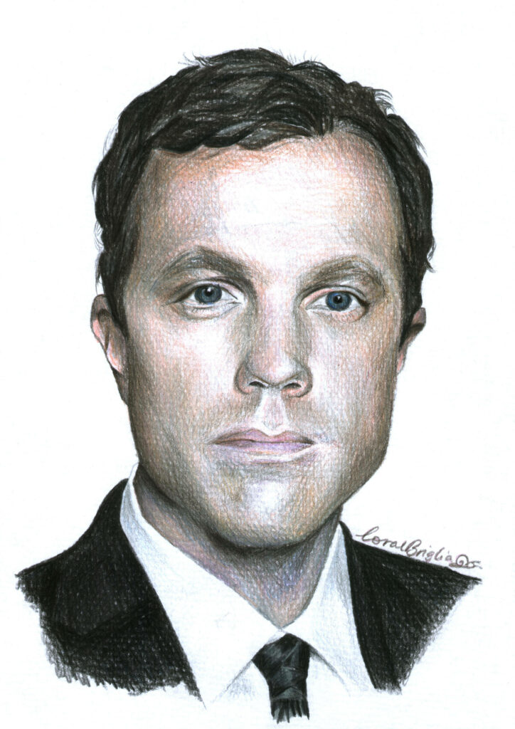 Realistic hand-drawn portrait of Adam Baldwin with sharp features and composed expression wallpaper