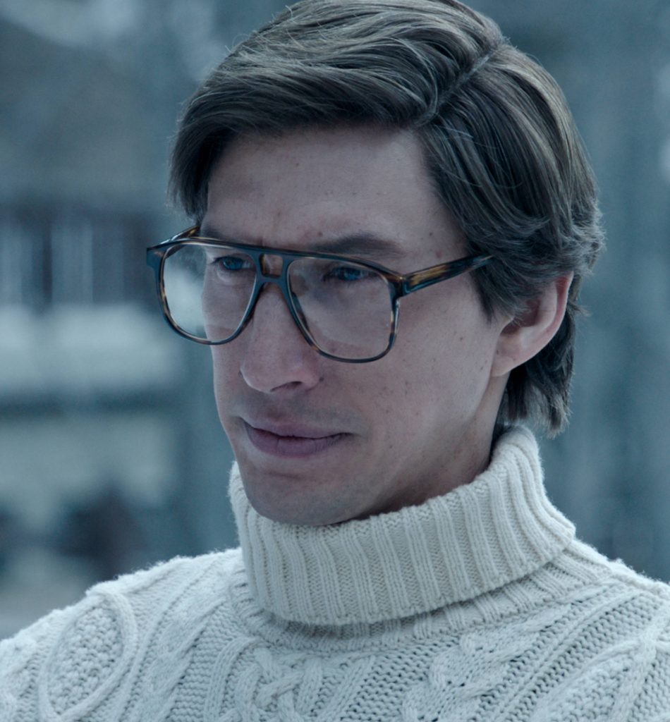 Adam Driver as Maurizio Gucci close-up in cream turtleneck tortoiseshell glasses winter background Wallpaper