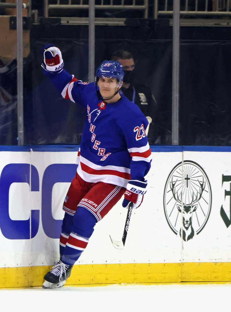 Adam Fox New York Rangers celebrating on ice dynamic hockey action wallpaper background