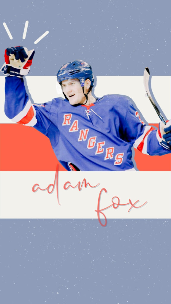 Adam Fox New York Rangers fan art wallpaper celebrating with artistic name background